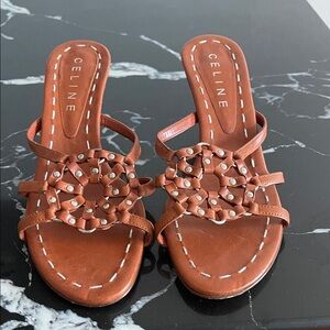 Celine Tan Leather Sandals with Studded Design